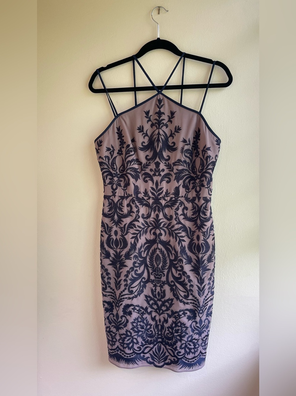 BCBGMaxAzria Navy Damask Embroidered Halter Mini Dress Size 10 Dark Romance